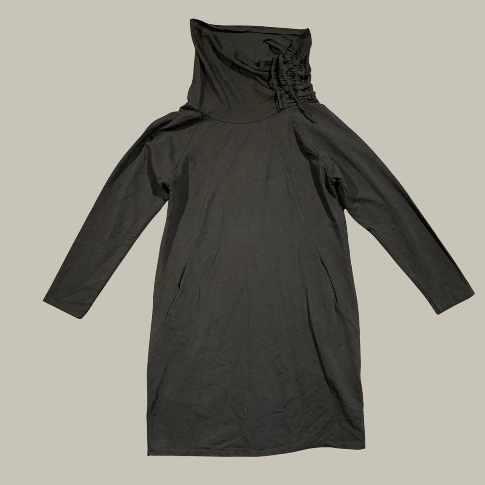 Made In Italy Funnel Neck Dress Womens L Tunic Black Ruched Cowl Neck Pockets